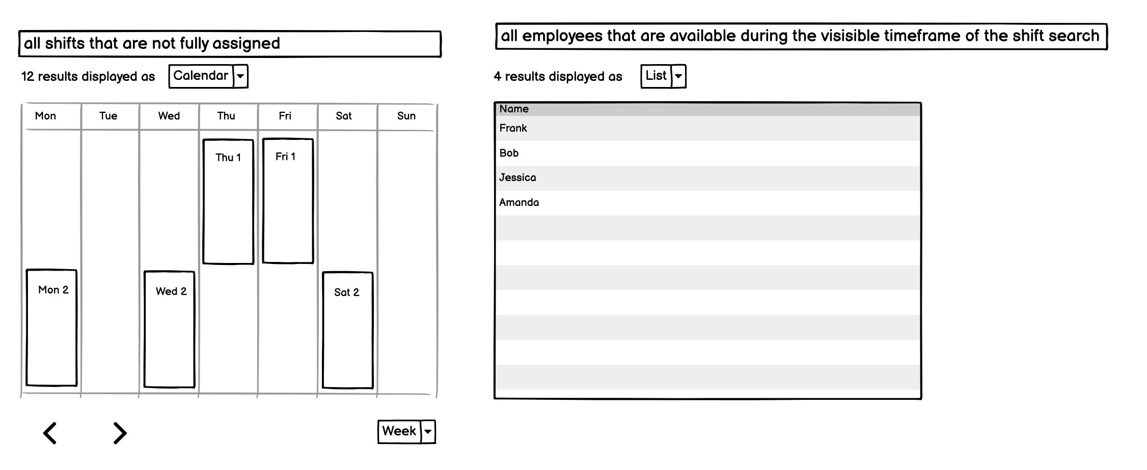 
                The first search for 'all shifts that are not fully assigned' is displayed as a calendar.
                The second search for 'all employees that are available during the visible timeframe of the
                shift search' is displayed as a list
              