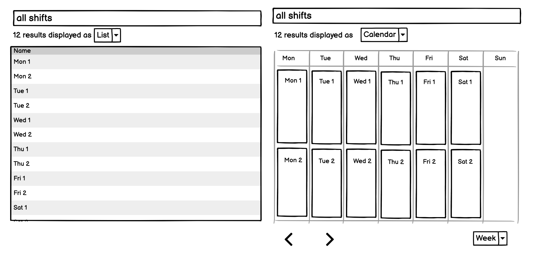 
                Two searches for 'all shifts'. The left search is visualized as a list of shifts.
                The right is visualized as a weekly calendar where the shifts are displayed as blocks in the calendar.
              