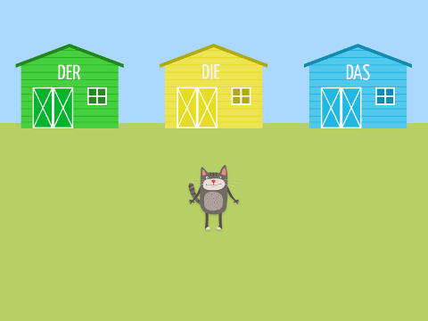 
                2d game graphics of a cat standing in front of three barns which are labeled
                with the German articles 'der', 'die', and 'das'
              